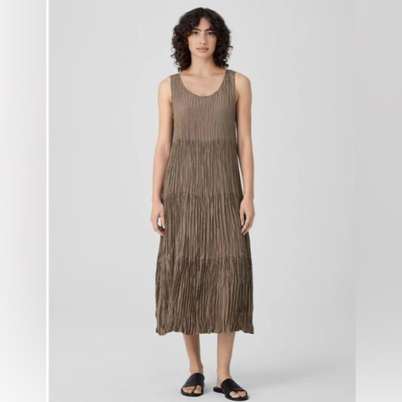 Eileen Fisher Crushed Silk Tiered Midi Dress Brown Size XL Sleeveless - Picture 13 of 14